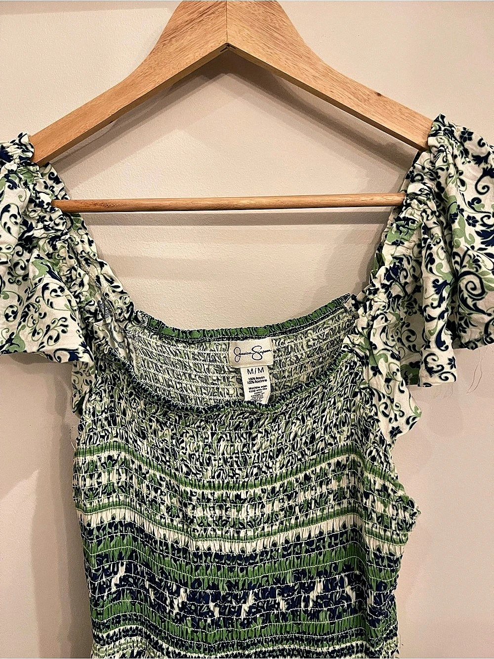 Jessica Simpson Floral Smocked Maxi Dress in Green & White - Picture 3 of 3